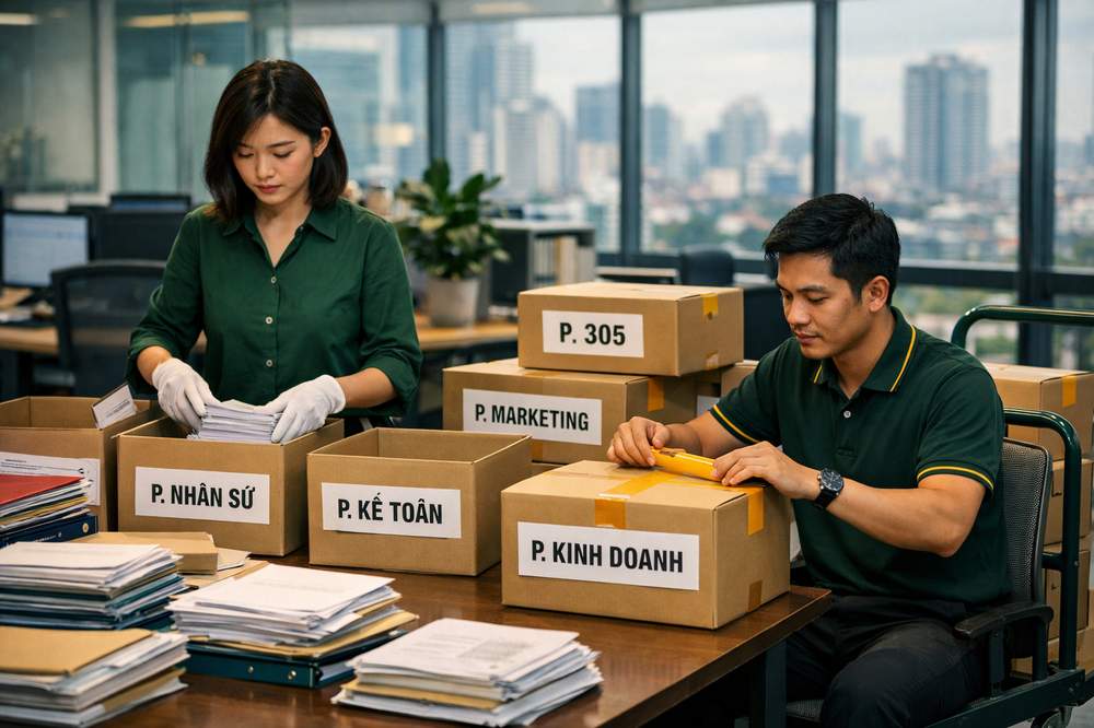 Nhân viên đóng gói hồ sơ và tài liệu văn phòng