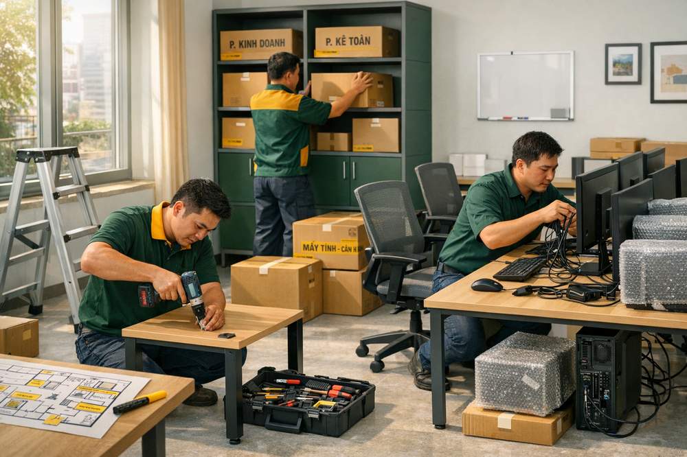 Lắp đặt và sắp xếp lại văn phòng mới theo sơ đồ